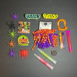 Halloween Toy Lot Spider Rings, Pinball, Finger Skateboards, Glow Sticks, Fangs